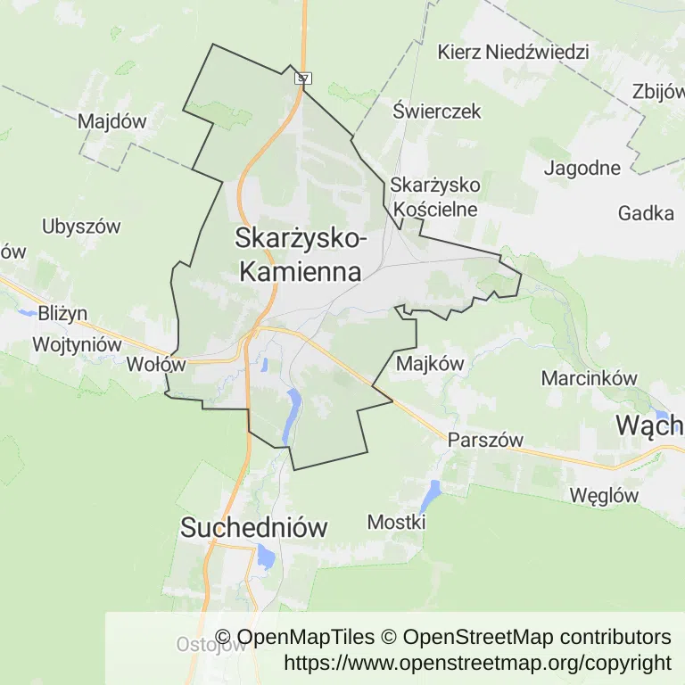 Mapa z zaznaczoną Skarżysku-Kamiennej