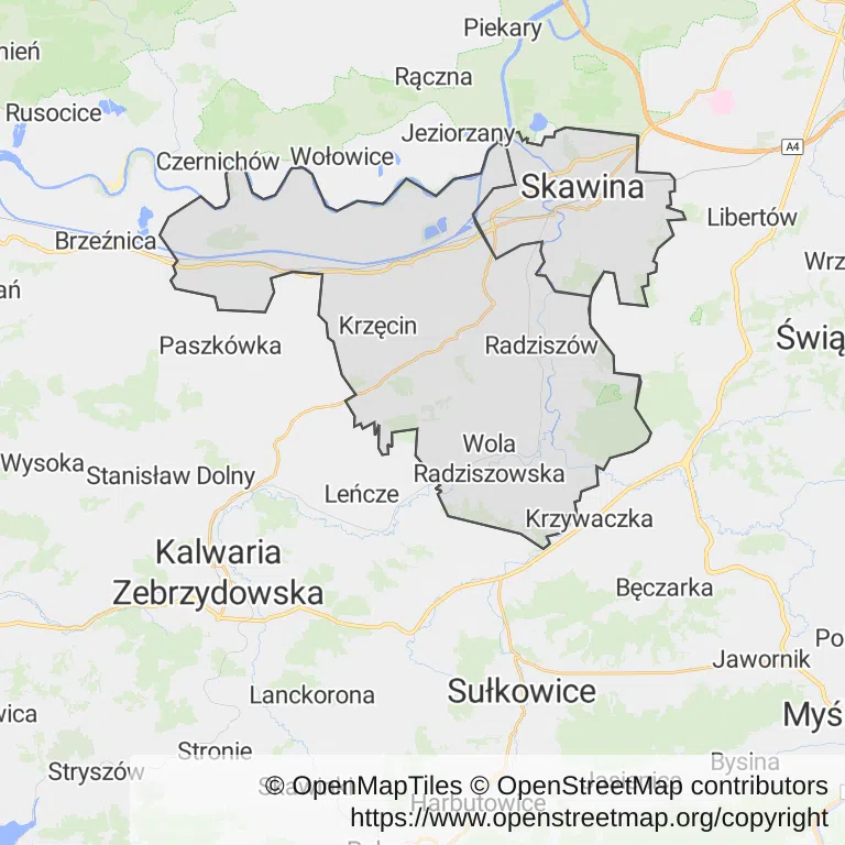 Mapa z zaznaczoną Skawinem