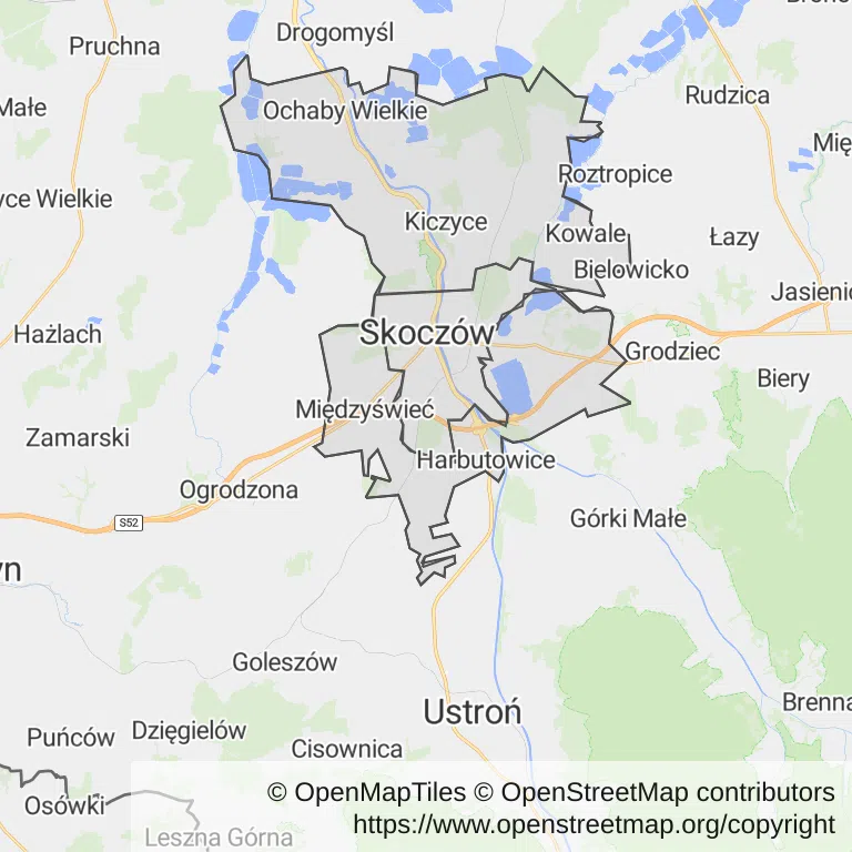 Mapa z zaznaczonym Skoczowem