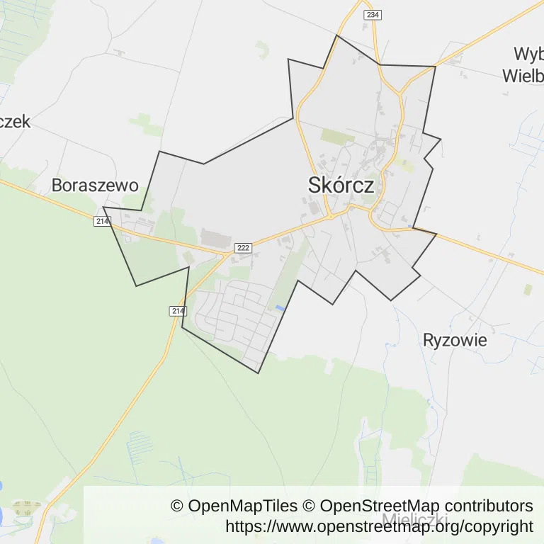 Mapa z zaznaczonym Skórczem