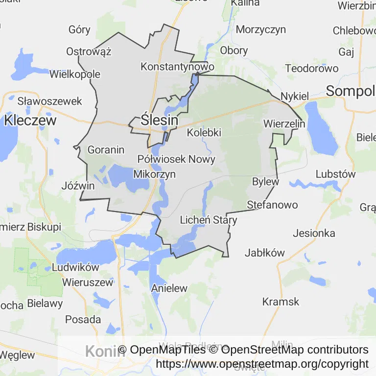 Mapa z zaznaczonym Ślesinem