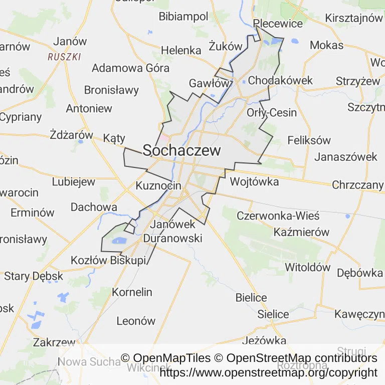 Mapa z zaznaczonym Sochaczewem