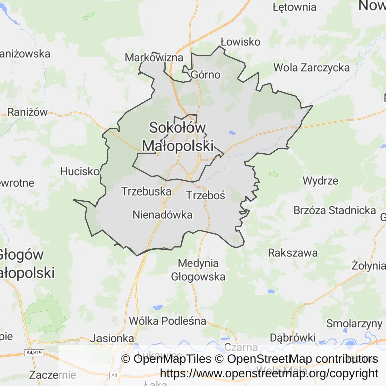 Mapa z zaznaczonym Sokołowie Małopolskim