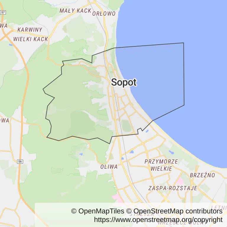 Mapa z zaznaczonym Sopocem