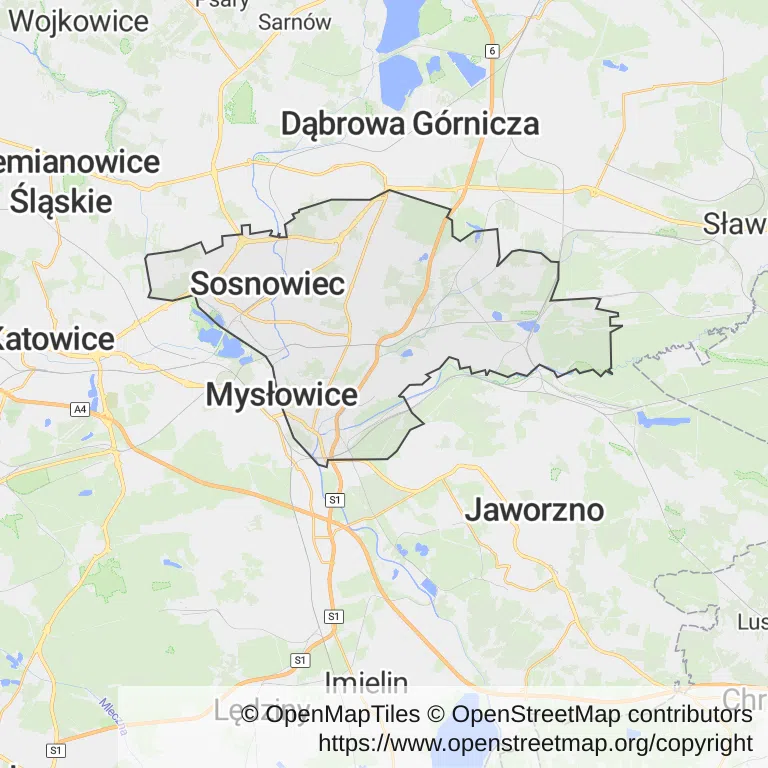Mapa z zaznaczonym Sosnowcem