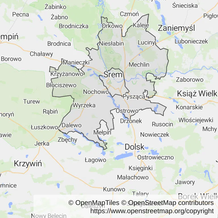 Mapa z zaznaczonym Śremem