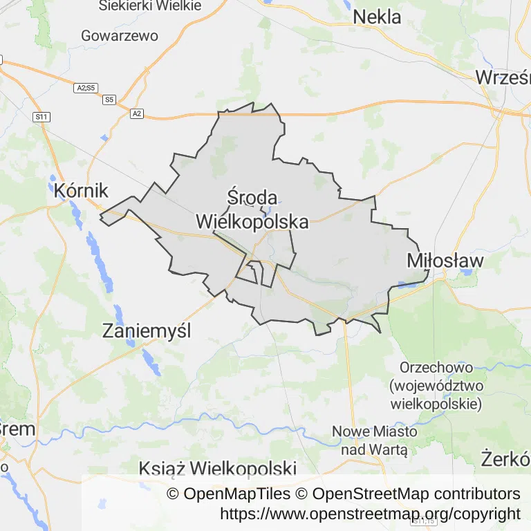 Mapa z zaznaczoną Środzie Wielkopolskiej