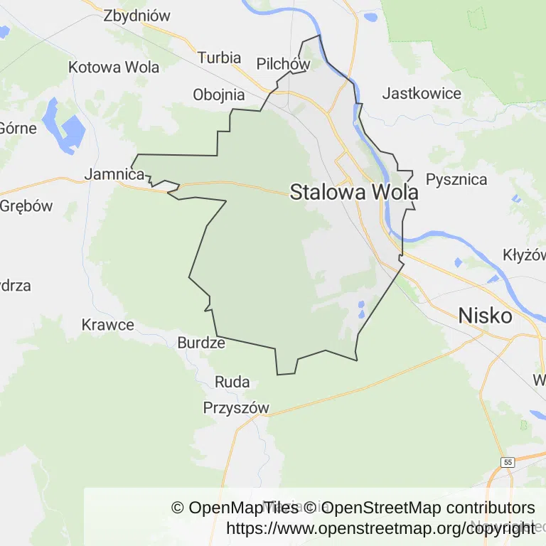 Mapa z zaznaczoną Stalowej Woli