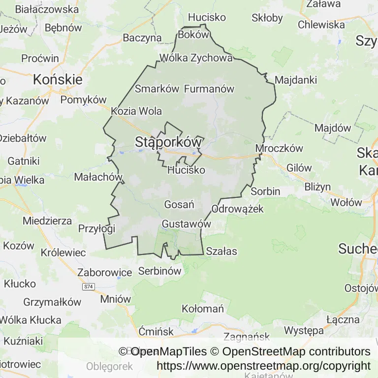 Mapa z zaznaczonym Stąporkowem