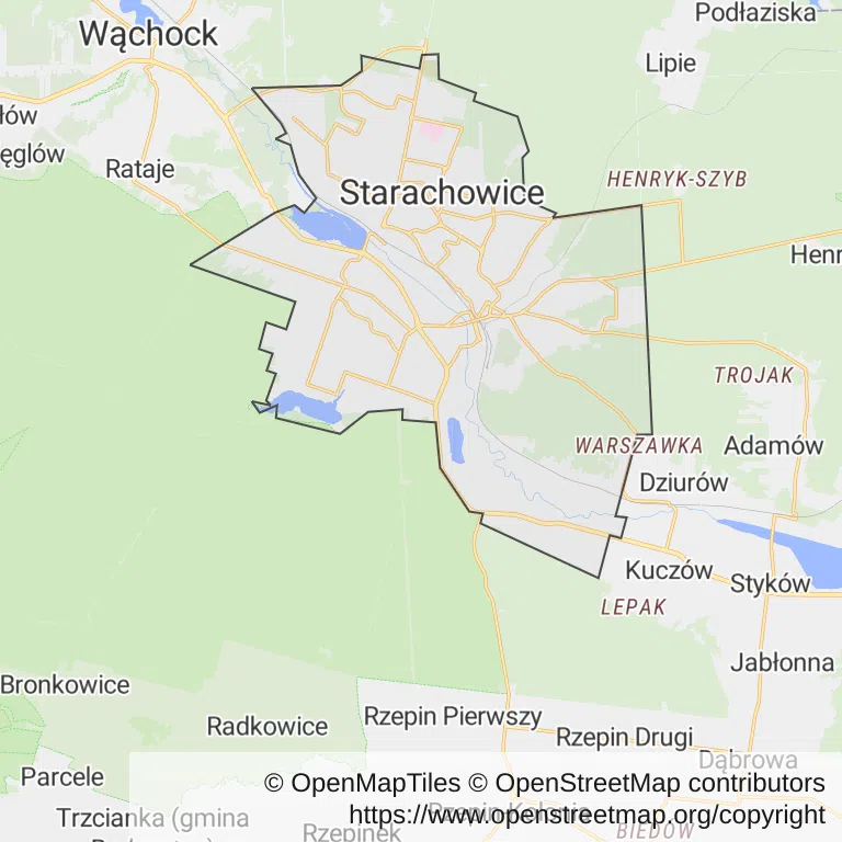 Mapa z zaznaczonymi Starachowicami