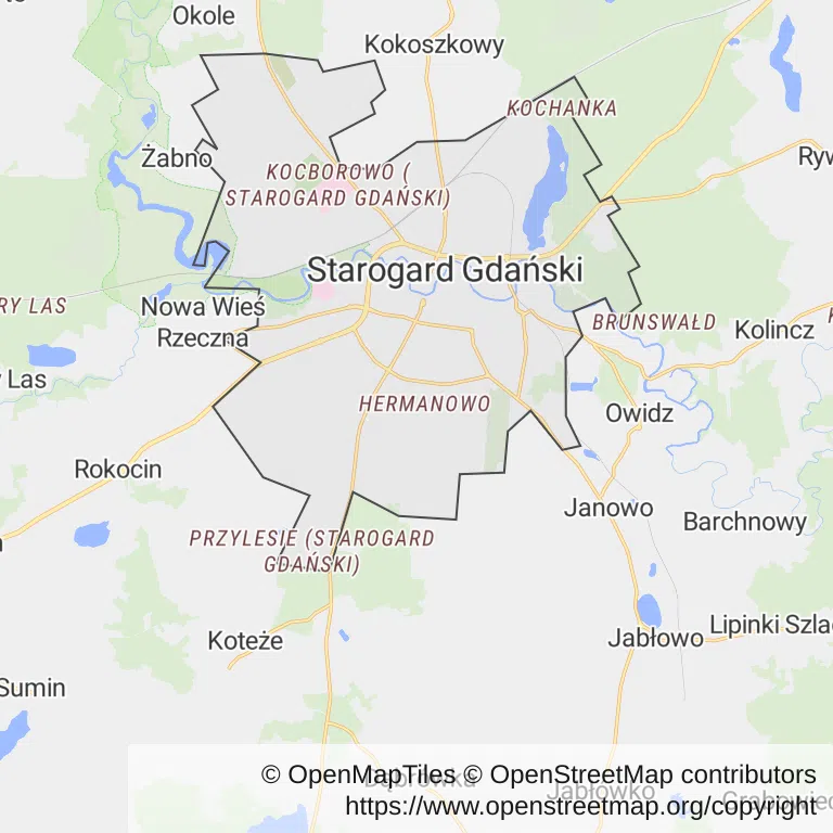 Mapa z zaznaczonym Starogardzie Gdańskim