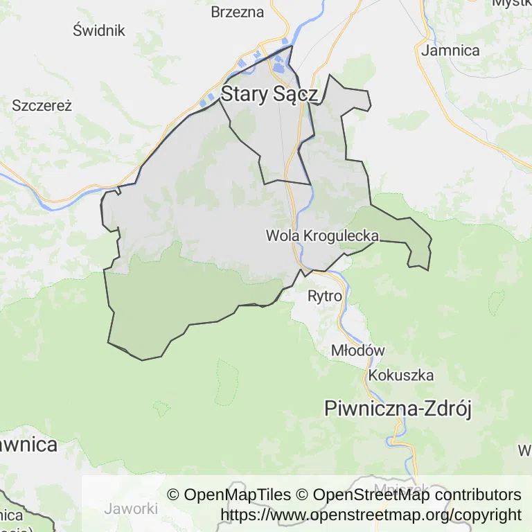 Mapa z zaznaczonym Starym Sączem