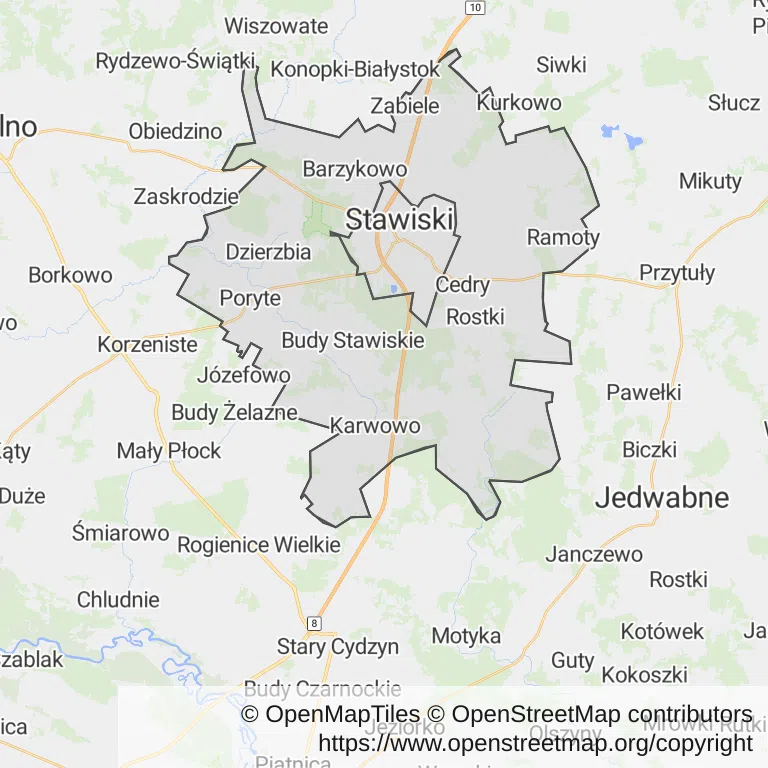 Mapa z zaznaczonym Stawiskami