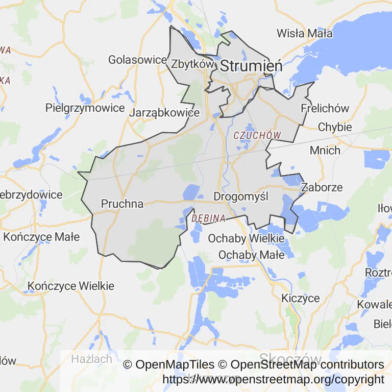 Mapa z zaznaczonym Strumieniu
