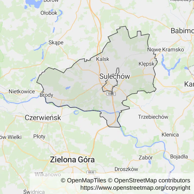 Mapa z zaznaczonym Sulechowem