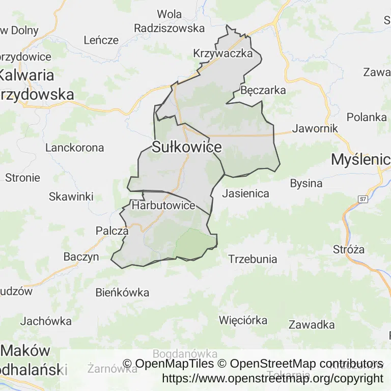 Mapa z zaznaczonymi Sułkowicami