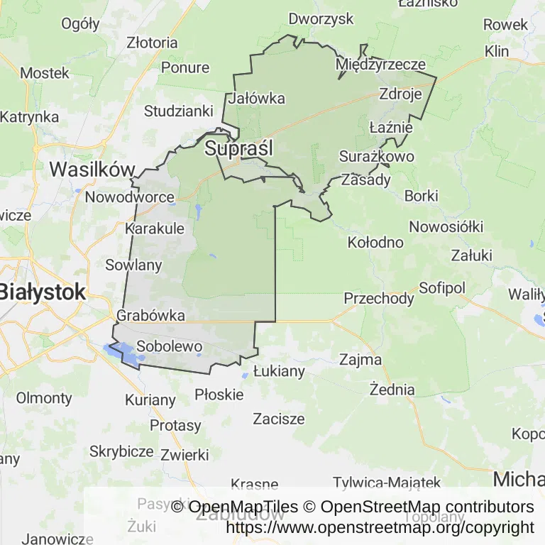 Mapa z zaznaczonym Supraślu