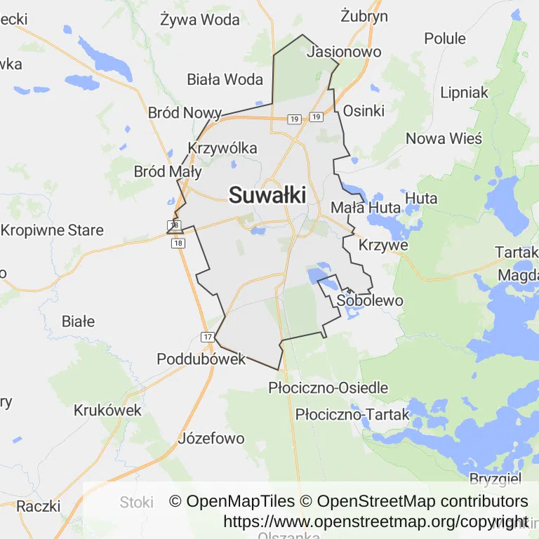 Mapa z zaznaczonym Suwałkami