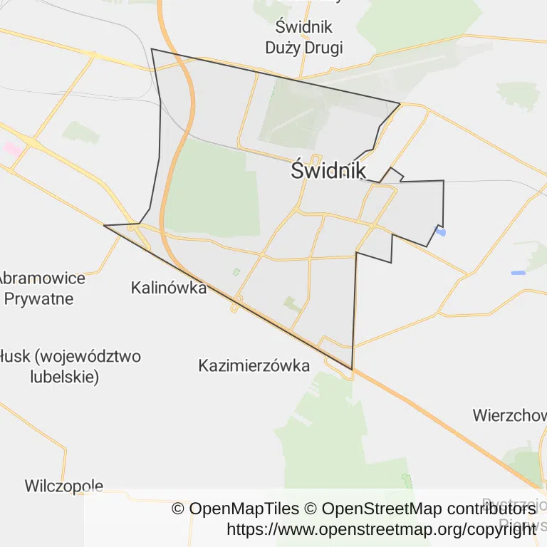 Mapa z zaznaczonym Świdnikiem