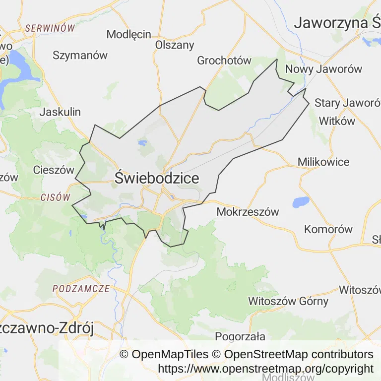 Mapa z zaznaczonymi Świebodzicami