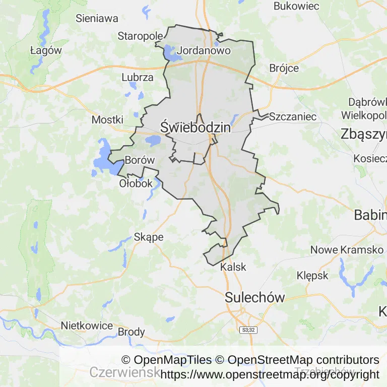 Mapa z zaznaczonym Świebodzinem