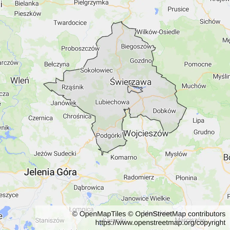 Mapa z zaznaczoną Świerzawem