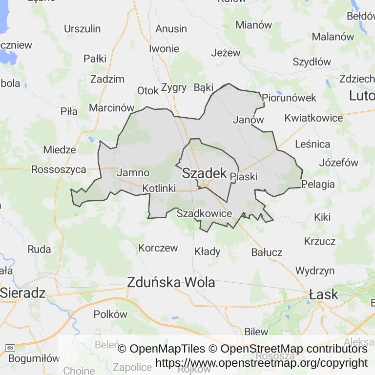 Mapa z zaznaczonym Szadkiem