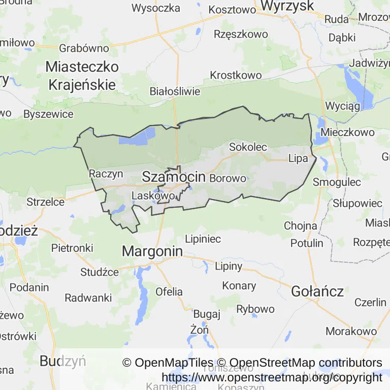 Mapa z zaznaczonym Szamocinem