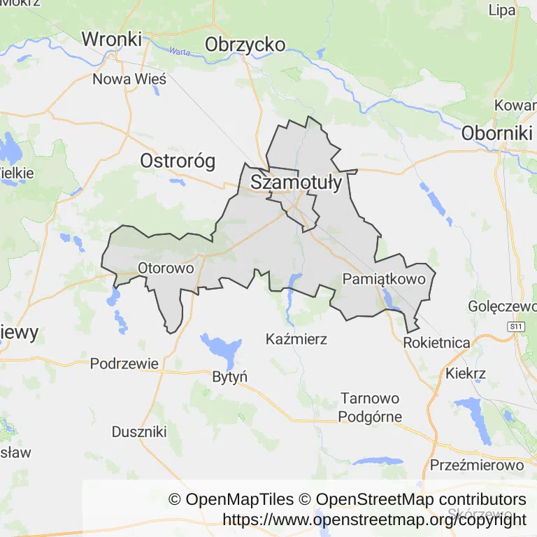 Mapa z zaznaczonym Szamotułami