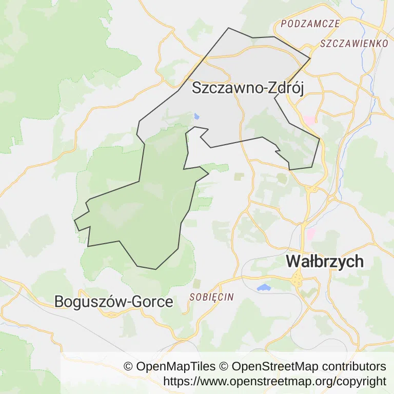 Mapa z zaznaczonym Szczawnie-Zdroju