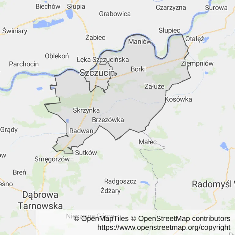 Mapa z zaznaczonym Szczucinem