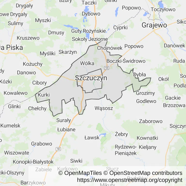 Mapa z zaznaczonym Szczuczynem