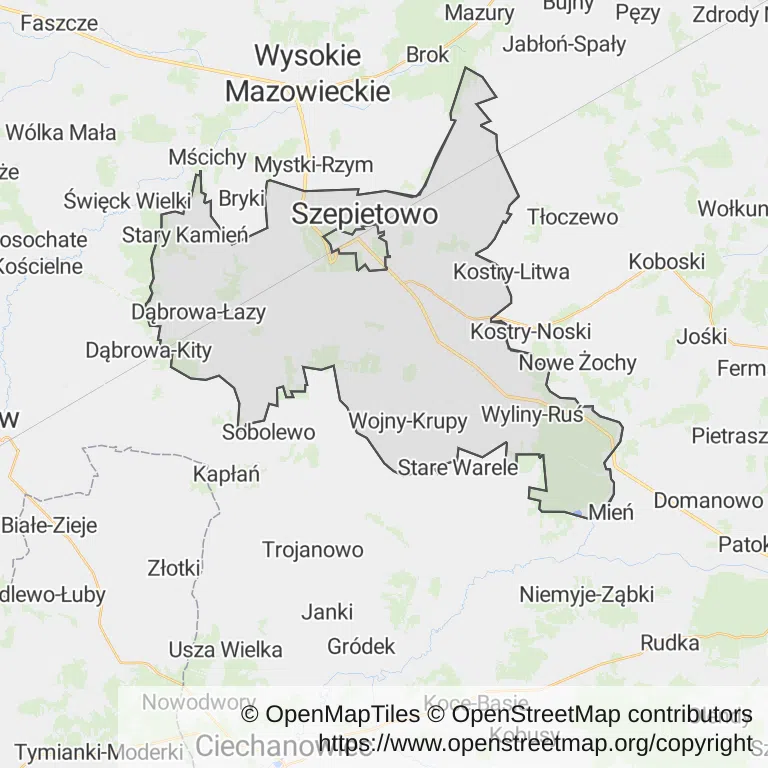Mapa z zaznaczonym Szepietowem
