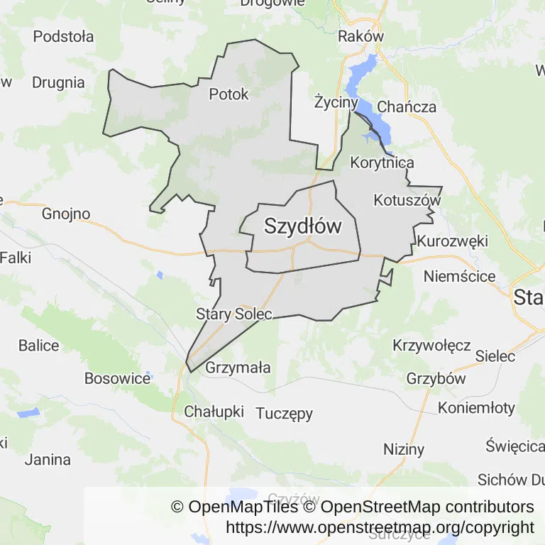 Mapa z zaznaczonym Szydłowem