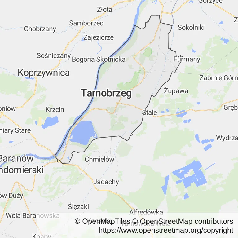 Mapa z zaznaczonym Tarnobrzegiem