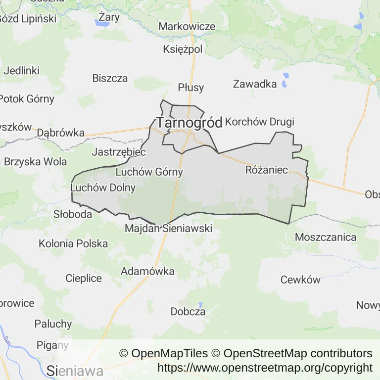 Mapa z zaznaczonym Tarnogrodzem