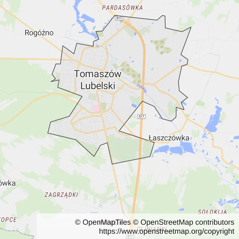 Mapa z zaznaczonym Tomaszowie Lubelskim