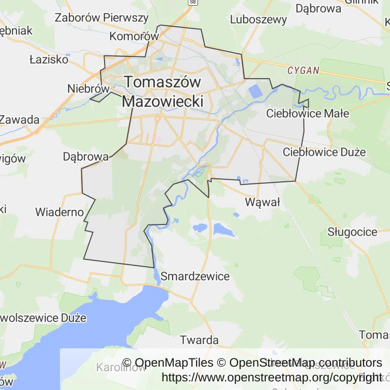 Mapa z zaznaczonym Tomaszowie Mazowieckim