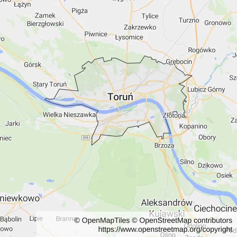 Mapa z zaznaczonym Toruniem