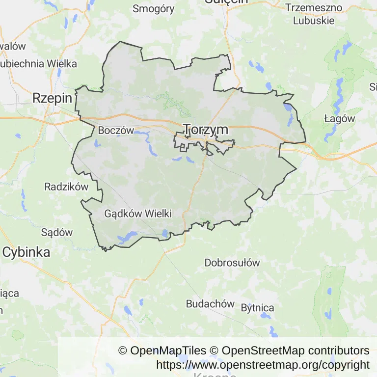 Mapa z zaznaczonym Torzymiu