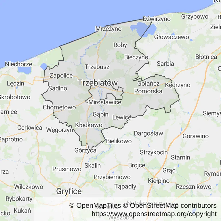 Mapa z zaznaczonym Trzebiatowem