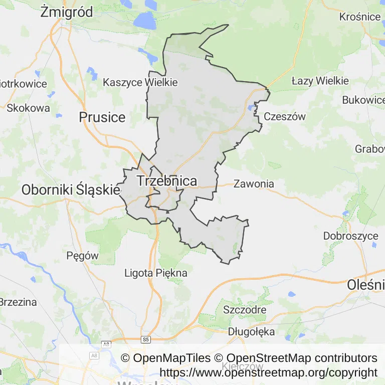 Mapa z zaznaczonym Trzebnicy