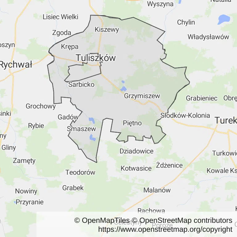 Mapa z zaznaczonym Tuliszkowem