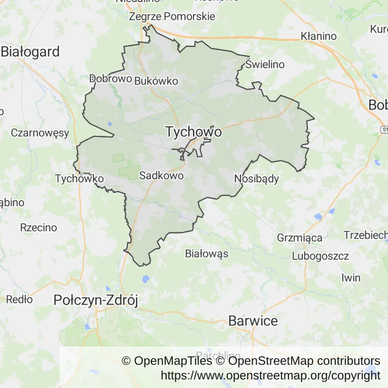 Mapa z zaznaczonym Tychowem