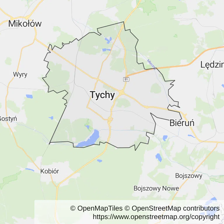 Mapa z zaznaczonym Tychami