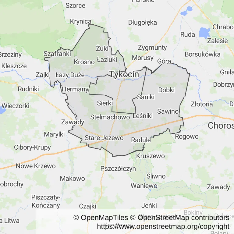 Mapa z zaznaczonym Tykocinem