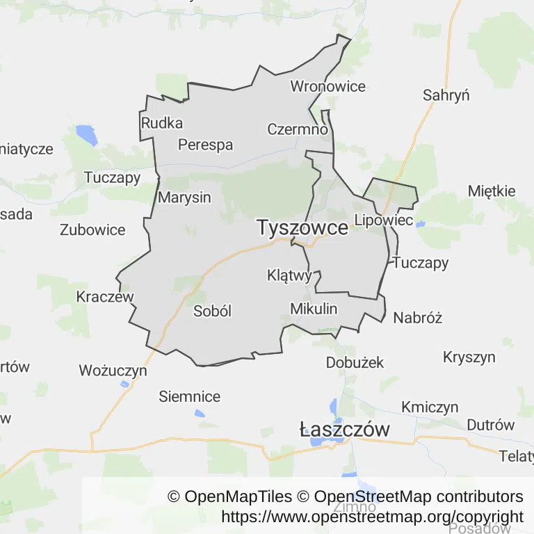 Mapa z zaznaczonymi Tyszowcami