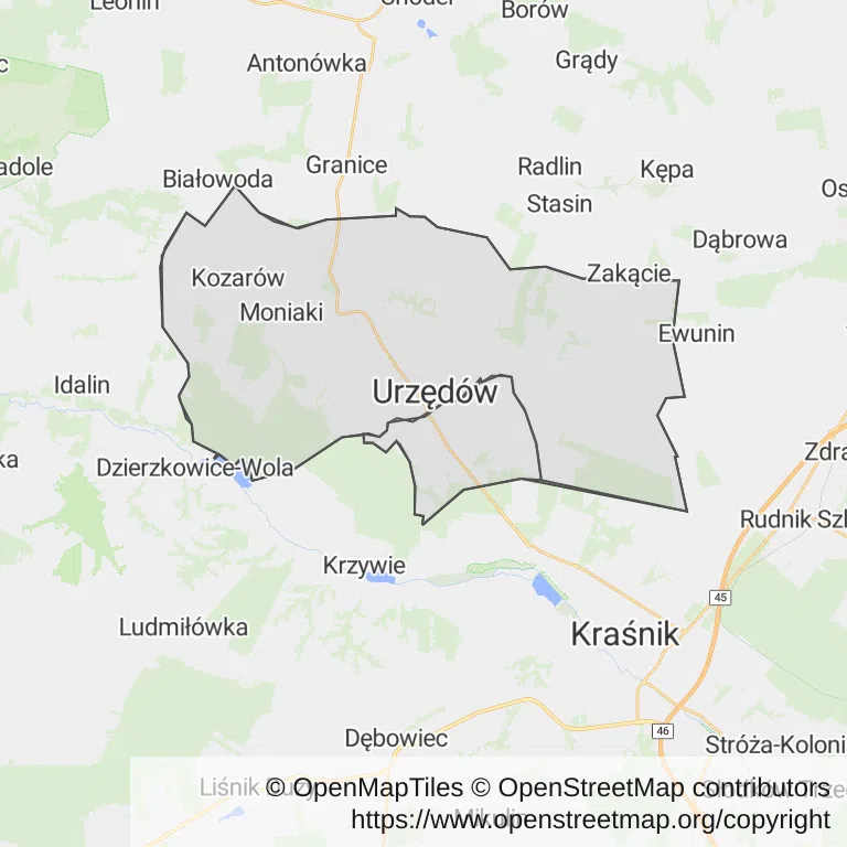 Mapa z zaznaczonym Urzędowem
