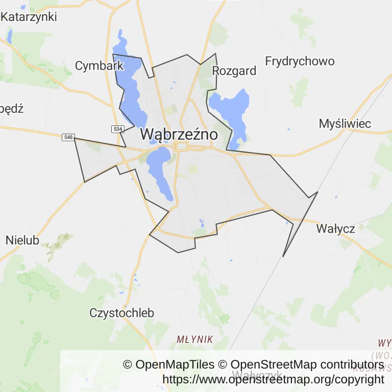 Mapa z zaznaczonym Wąbrzeźnem