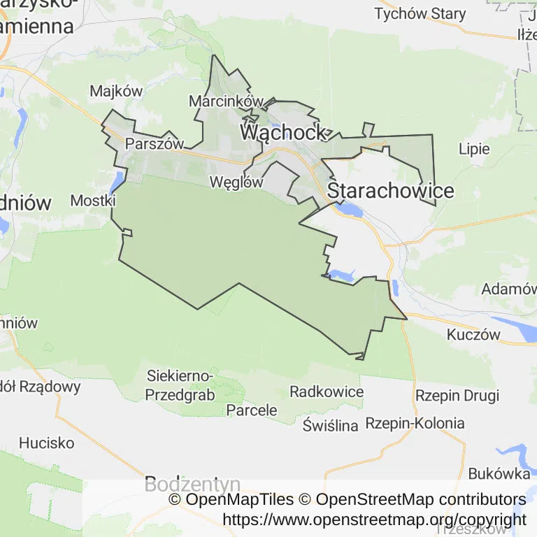 Mapa z zaznaczonym Wąchockiem